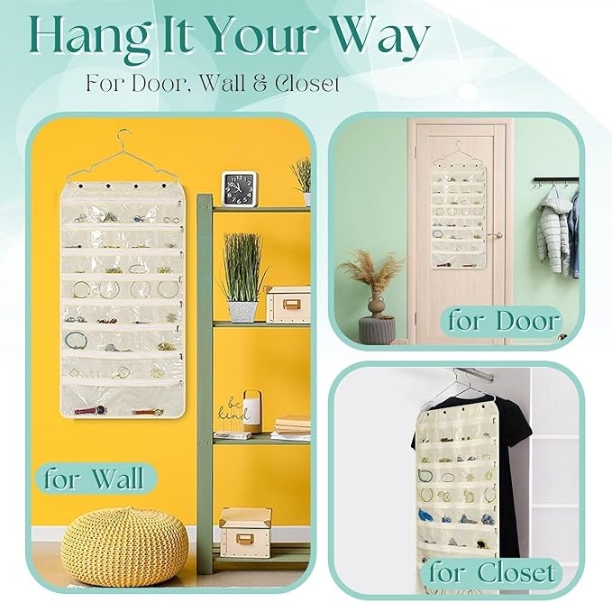 Flexzion Hanging Jewelry Organizer with Zippered Pockets - (1 Pack) Beige Closet Jewelry Organizer Storage with Hanger, 56 Pockets Dual Sided Earring Organizer Hanging for Bracelet, Watches, Ring
