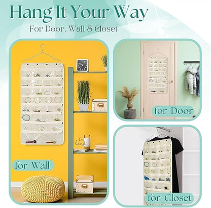 Flexzion Hanging Jewelry Organizer with Zippered Pockets - (1 Pack) Beige Closet Jewelry Organizer Storage with Hanger, 56 Pockets Dual Sided Earring Organizer Hanging for Bracelet, Watches, Ring