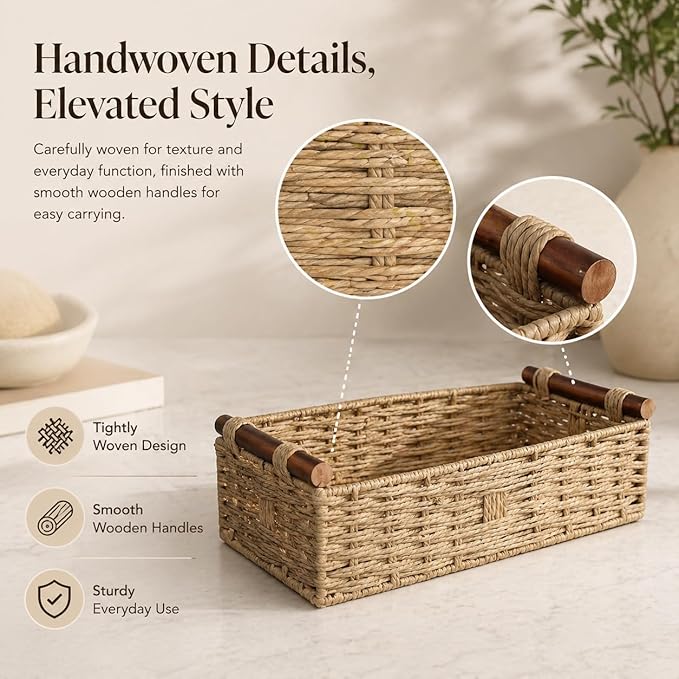 Woven Bathroom Basket with Wood Handles — Toilet Paper Storage Organizer, Back of Toilet Basket, Natural Wicker Basket for Tank Top, Countertop or Shelf