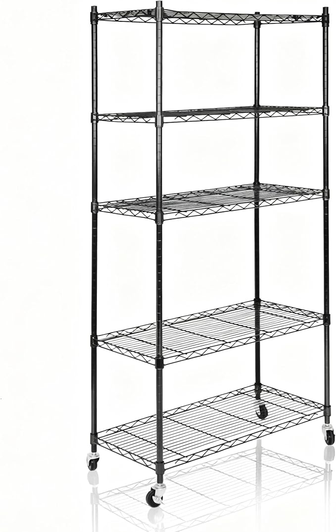 SUPER DEAL Black 5-Shelf Heavy Duty Storage Wire Shelving Unit with Wheels for Restaurant Garage Pantry Kitchen Garage Rack (30L x 14W x 63H)