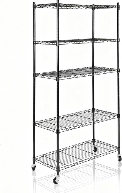 SUPER DEAL Black 5-Shelf Heavy Duty Storage Wire Shelving Unit with Wheels for Restaurant Garage Pantry Kitchen Garage Rack (30L x 14W x 63H)
