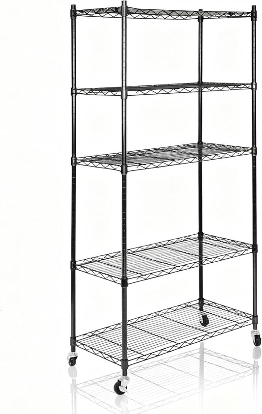 SUPER DEAL Black 5-Shelf Heavy Duty Storage Wire Shelving Unit with Wheels for Restaurant Garage Pantry Kitchen Garage Rack (30L x 14W x 63H)