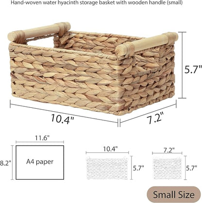 Water Hyacinth Wicker Storage Basket, Rectangular Handwoven Shelf Organizer with Wooden Handles for Pantry & Closet (Small)