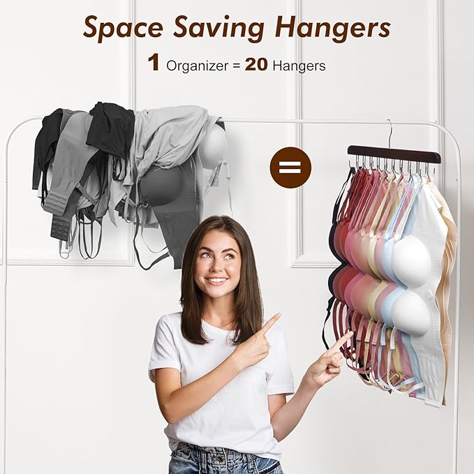 HOUSE DAY Belt Hanger for Closet 2 Pack, 40 Hooks Bra/Tie/Tank Top Hanger, Space Saving Hangers Storage Max 40 Belts/Ties, Sturdy Wooden Belt Rack Closet Accessories