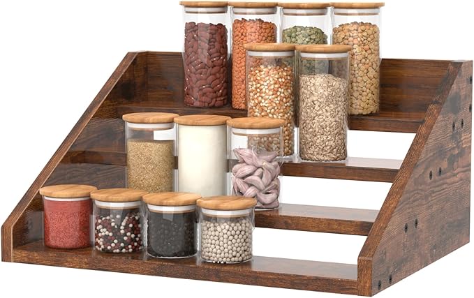 4 Step Spice Rack Organizer for Cabinet, Robust Wooden Display Riser Shelf Seasoning Organizer for Countertop Cupboard Pantry, Condiment Jar Kitchen Storage Holder Super Sturdy Stand, Rusitc Brown