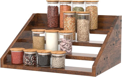 4 Step Spice Rack Organizer for Cabinet, Robust Wooden Display Riser Shelf Seasoning Organizer for Countertop Cupboard Pantry, Condiment Jar Kitchen Storage Holder Super Sturdy Stand, Rusitc Brown