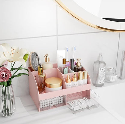 Makeup Organizer with Drawers, Cosmetic Storage for Dresser Vanity and Bathroom Countertop, Beauty Holder for Lipstick Brush, Skincare Organizer for Vanity, Cosmetic Display Case (Pink)