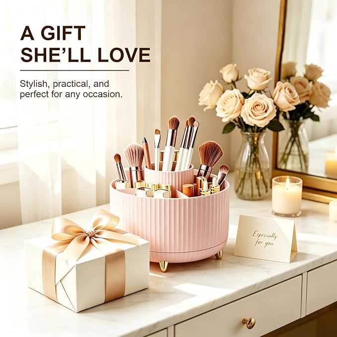 Makeup Brush Holder, Makeup Brush Organizer Countertop, Skincare Makeup Cosmetic Perfume Organizer Storage Box Case for Vanity Bathroom Countertop(Pink)