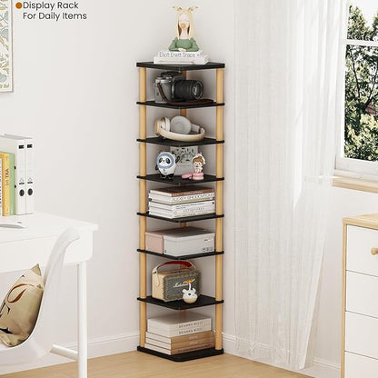 LUCKNOCK Vertical Shoe Rack, 8-Tier Tall Narrow Shoe Organizer for Entryway, Closet, Dorm & Small Spaces, Freestanding Wooden Shoe Shelf Tower for Boots, Sneakers, Heels. (Black)