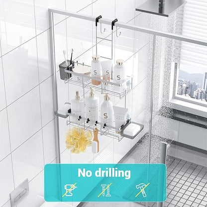 Aitatty Over the Door Hanging Shower Caddy: Rustproof Hanging Organizer over the Door - No Drilling Bathroom Rack for Inside Shower Chrome