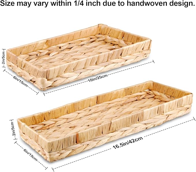 Rectangle Bathroom Tray, 16" Bathroom Over Toilet Tank, Water Hyacinth Wicker Basket for Bathroom Counter Long Narrow Hand Towel Storage Basket for Home Decor, Rattan Yellow