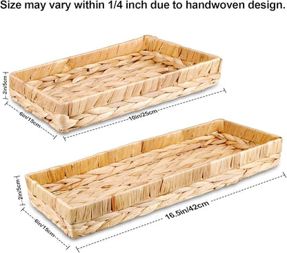 Rectangle Bathroom Tray, 16" Bathroom Over Toilet Tank, Water Hyacinth Wicker Basket for Bathroom Counter Long Narrow Hand Towel Storage Basket for Home Decor, Rattan Yellow