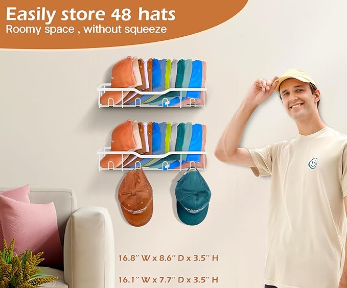 KEETDY Metal Hat Racks for Baseball Caps Wall Hat Organizer Fit 20 Caps Holder, 2 Packs Sturdy Wall Mounted Hat Storage Organizer, White