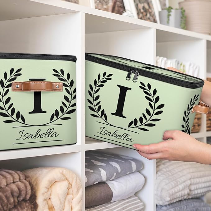 Custom Storage Bins with Lid, Initial Name Personalized Storage Basket Boxes, Eucalyptus Leaves Foldable Closet Organizer Cube, Sage Green