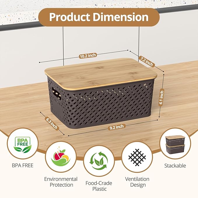 Plastic Storage Bins with Bamboo Lids, Stackable Small Box Baskets for Organizing and Containers for Shelves Drawers Desktop Closet Pantry Classroom Office Home, 6 Pack 10.2x7.2x4.1 Inch, Brown