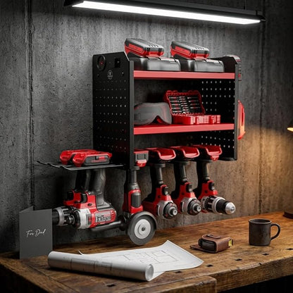 BUILTSTRONG Power Tool Organizer Wall Mount – 3-Tier Heavy-Duty Steel Rack, 6 Drill Slots, Dual Pegboard Sides, Side-by-Side Modular, 100 lb Capacity – Garage & Workshop (Red)