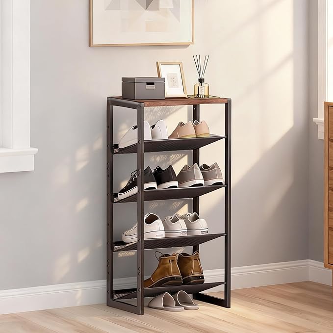 5 Tier Metal Shoe Rack, Sturdy Steel Frame with Rust-Proof Coating, MDF Top, Adjustable Flat Inclined Mesh Shelves, Anti-Tip Scratch-Resistant Feet, Sleek Show Rack for Entryway, Hallway, Garage