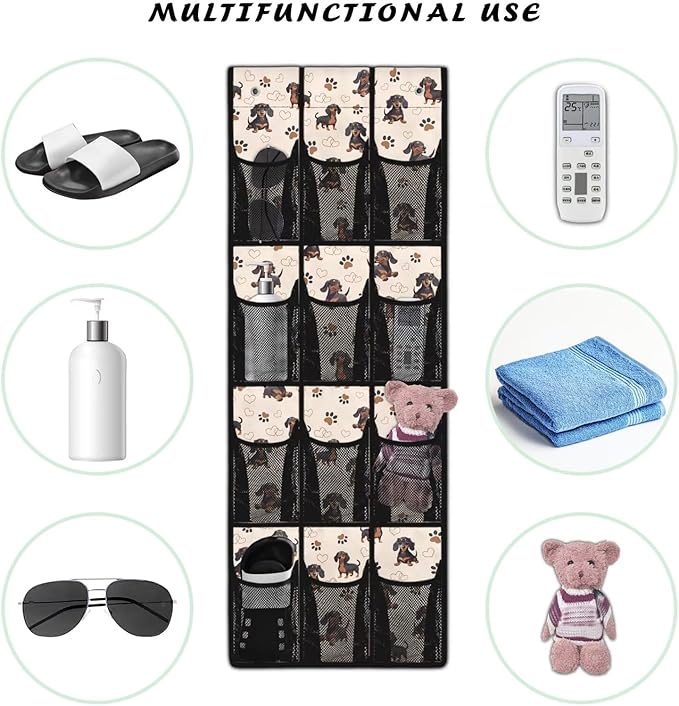Extra Large Door Organizer with 12 Mesh Pockets, Storage Hanging Bag Behind the Door for Shoes Toys Cleaning Supplies, Cute Dachshund