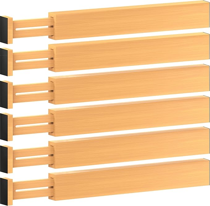 6-Pack Drawer Dividers - 2.6 Inches High, Adjustable 16 to 22 Inches Bamboo Drawer Organizer, Large Expandable Separator for Clothes, Dresser, Bedroom, Bathroom, Baby, Office, Kitchen Utensil Storage