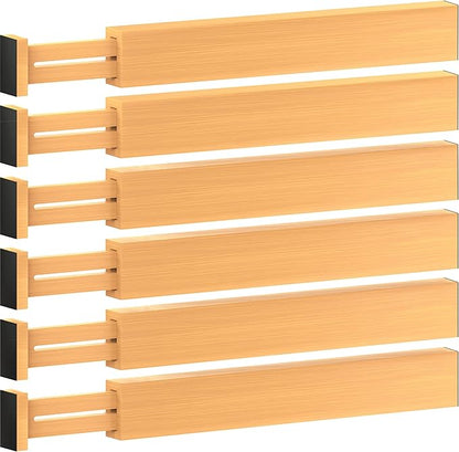 6-Pack Drawer Dividers - 2.6 Inches High, Adjustable 16 to 22 Inches Bamboo Drawer Organizer, Large Expandable Separator for Clothes, Dresser, Bedroom, Bathroom, Baby, Office, Kitchen Utensil Storage