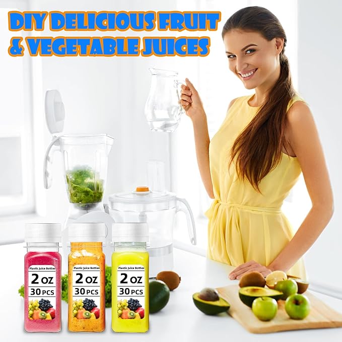 30 Pcs 2oz Small Plastic Shot Bottles with White Caps,Reusable Clear Juice Bottles,Empty Plastic Containers with 10 Funnels for Ginger Shots,Liquids,Beverages