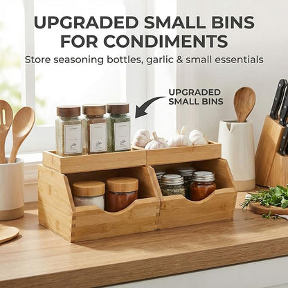 Bamboo Pantry Storage Bins Set 5 Pieces - Stackable Baskets, Potato and Onion Storage, Bamboo Wood Storage Bins for Pantry Baskets Organization and Storage, Kitchen Essential