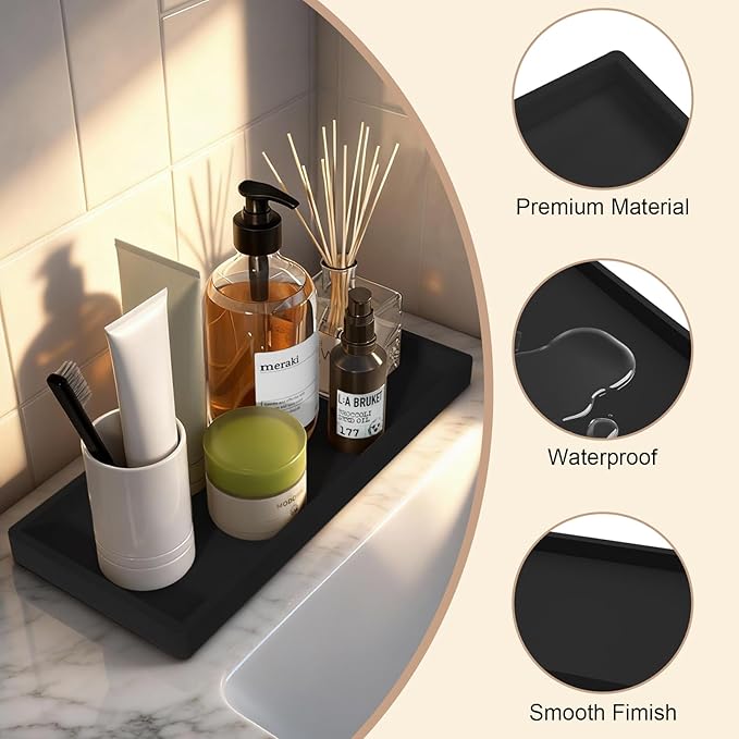 Bathroom Vanity Tray, 7.8 x 3.9 Inch Silicone Bathroom Tray Countertop, Non-Slip Decorative Tray for Bathroom, Kitchen, Toilet to Organize Perfume, Jewelry, Soap, Waterproof, Black