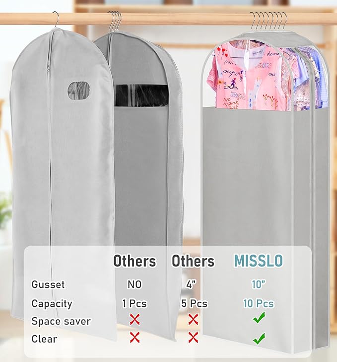MISSLO 10" Gusseted Garment Bags for Hanging Clothes 40"+50" Clear Suit Bags for Closet Storage Dress Bag for Gowns Long Coat Protector, 3 Packs, Grey