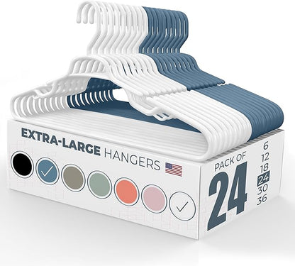 Large & Wide Heavy Duty Clothes Hangers 20 Pack (24 Count) – Made in USA – Ideal for Plus Size Clothing – 10lb Plastic Hangers with Notches for Oversized Adult Coats & Pants – White & Blue