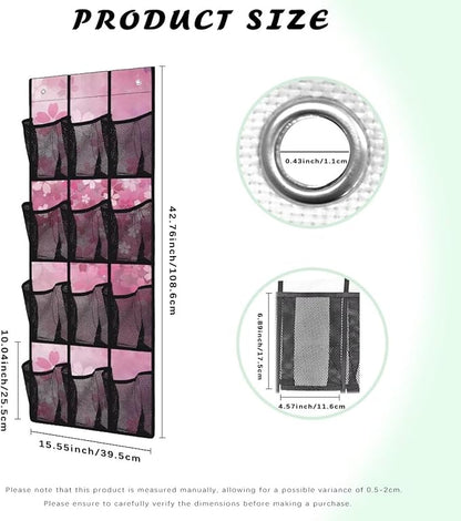 Cherry Blossom Over the Door Shoe Organizer,Shoe Organizer Door Hanger,Space Saver Shoes Hanger Storage Organizer Bag with 12 Mesh Large Pockets