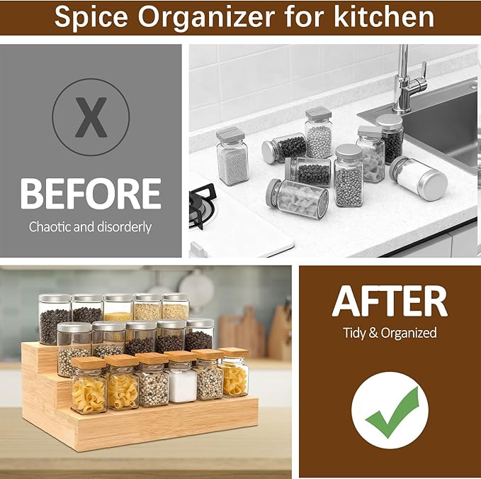 Bamboo Spice Rack for Cabinet, 3 Tier Spice Riser Shelf, 2 Pack Spices Stand for Pantry