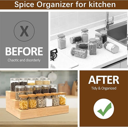 Bamboo Spice Rack for Cabinet, 3 Tier Spice Riser Shelf, 2 Pack Spices Stand for Pantry