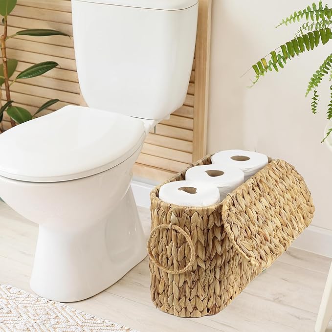 Toilet Paper Storage Basket with Lid, Water Hyacinth Slim Toilet Paper Holder - Holds Up to 6 Mega Rolls, Wicker Basket for Bathroom Accessories Decor Organizer