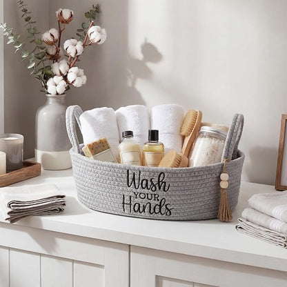 Wash Your Hands Bathroom Decoration Grey Cotton Rope Toilet Basket Toilet Paper Holder Basket Rustic Bathroom Organizer Farmhouse Home Decoration Organizing Small Baskets