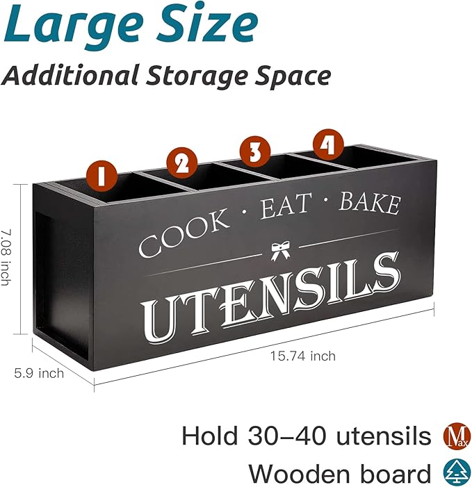 Suli Extra Large Kitchen Utensils Holder with 4 Compartments (Black)