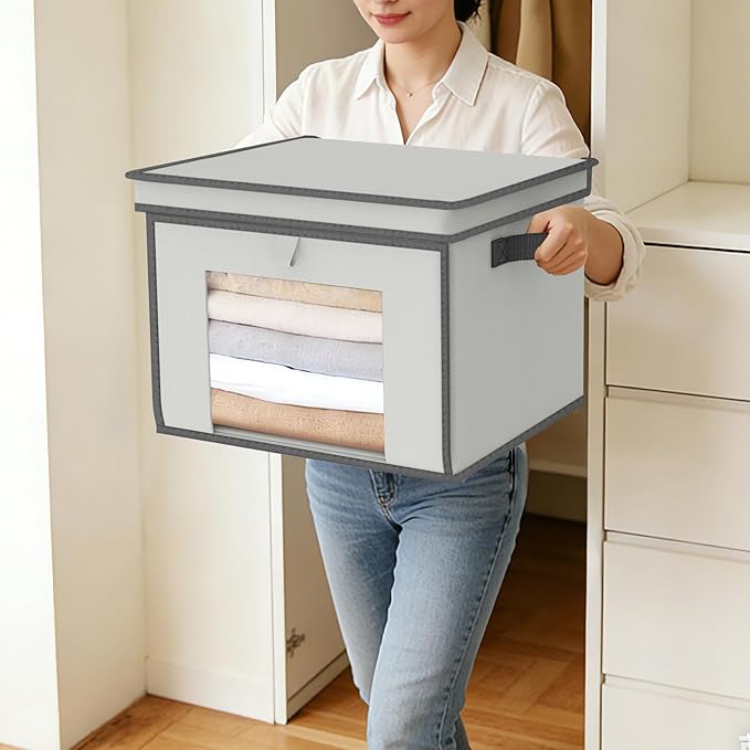 Univivi Storage Bins with Lids, Large Closet Organizers and Storage with Handles & Window, Foldable Fabric Storage Boxes with Lids for Home, Closet, Bedroom, 4 Pack, (Gray, 16.5“ x 12” x 12")