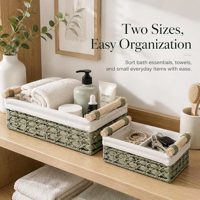 Green Wicker Bathroom Baskets Set of 2 with Linen Liner & Wooden Handles – Sage Green Paper Rope Storage Baskets for Shelves, Bathroom Counter & Spa Décor