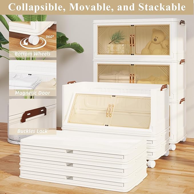 Storage Bins with Lid, 83 Gal/333 Qt Capacity, 3 Pack Large Stackable Storage Bins with Lid, White Collapsible Storage Bins with Wheels, Foldable, Customizable, for Home Office Organization