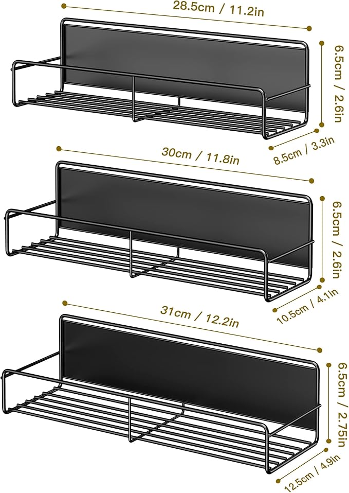Mystozer 3 Pack Magnetic Spice Rack Organizer,Space Saver for Refrigerator and Whiteboard, Metal Fridge Shelf for Kitchen,Laundry Room,Barbecue Grill,Coffee Maker,Microwave Home Organization(Black)