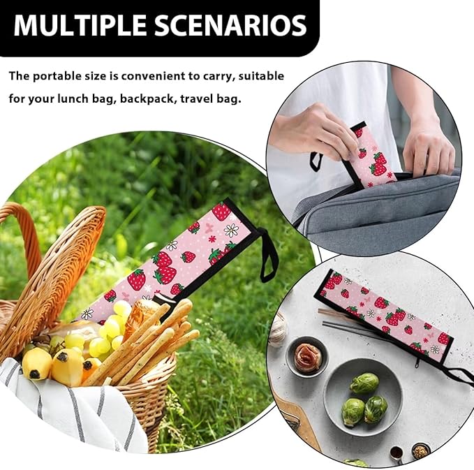 COEQINE Strawberry Travel Silverware Pink Cute Travel Frok Spoon Knife For Women Carrying Utensil Case With Zipper Leafprood Washable for Travel Work Picnic Camp