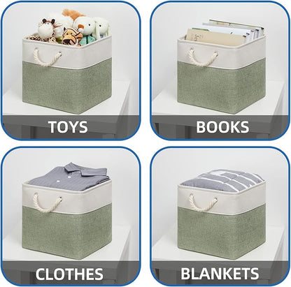 Temary Cube Storage Bins 13x13 Storage Cubes Basket for Gifts Empty, 4 Pack Large Storage Basket with Handles, Decorative Storage Baskets for Home (White&Green)