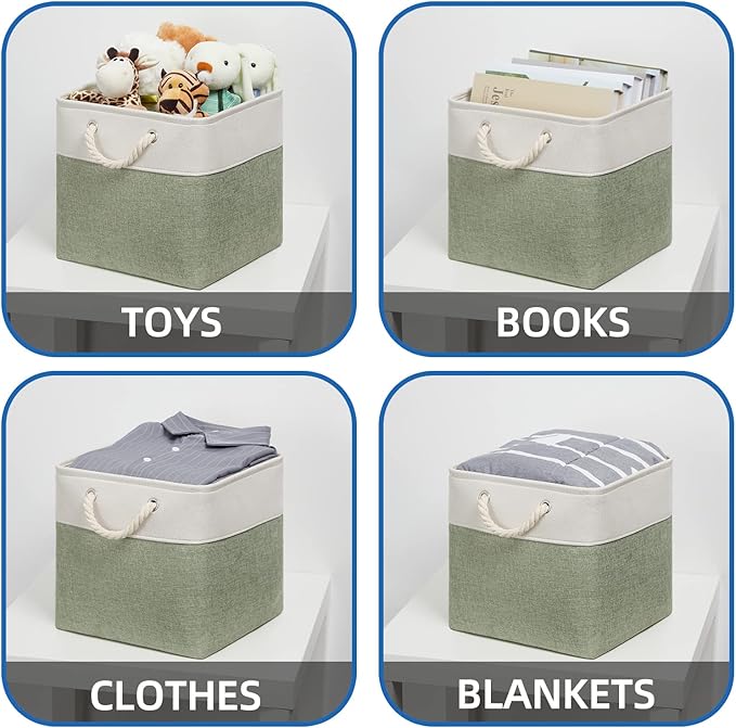 Temary Cube Storage Baskets for Shelves 12 Inch Storage Cubes 4pack Fabric Storage Baskets for Organizing Clothes, Closet Basket with Rope Handles for Home (White&Green)
