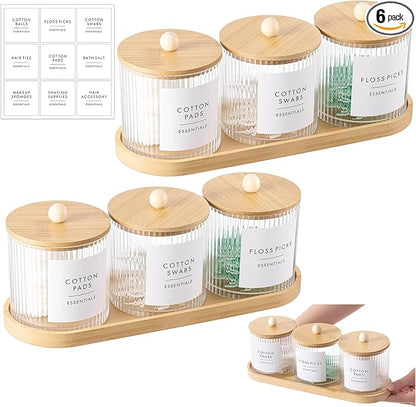 Vesici 6 Pack Bathroom Canisters Ribbed Apothecary Jars with Bamboo Lids 2 Bamboo Trays and 9 Label Stickers Cotton Swabs Holder Bathroom Organizer Storage Set Acrylic 18 oz Dispenser Container(Wood)