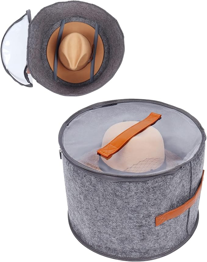 Foldable Round Hat Storage Box With Lid,Large Hat Box Travel, Decorative Closet Organizer For Women and Men, Can Store Various Types of Hats, 15.7x11 Inch,Gray