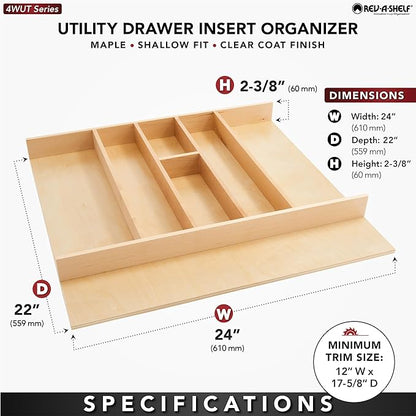 Rev-A-Shelf Trim-to-Fit Shallow Drawer Organizer For Kitchen Utensils, Cutlery Cabinet Storage Divider Insert, 23.98 x 21.97 In, Maple Wood, 4WUT-3SH