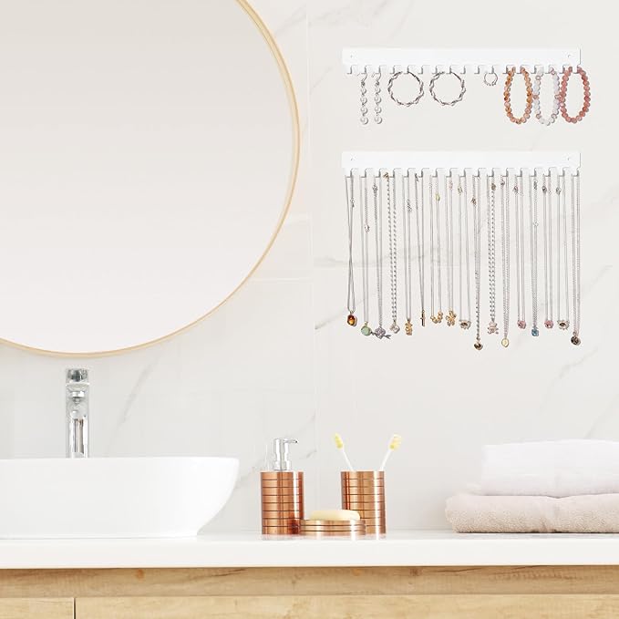 Acrylic Necklace Holder 2 Pack Wall Mounted Necklace Organizer Hanging Jewelry Organizer with 17 Hooks for Necklaces, Bracelets, Rings and Bangles Display (14.17 inch，White)