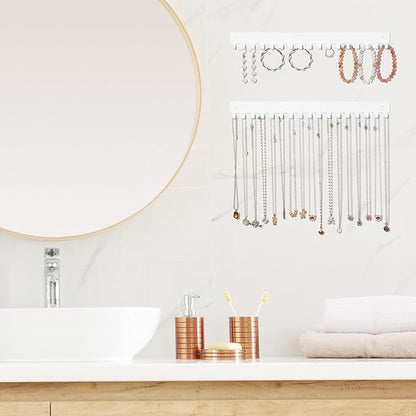 Acrylic Necklace Holder 2 Pack Wall Mounted Necklace Organizer Hanging Jewelry Organizer with 17 Hooks for Necklaces, Bracelets, Rings and Bangles Display (14.17 inch，White)