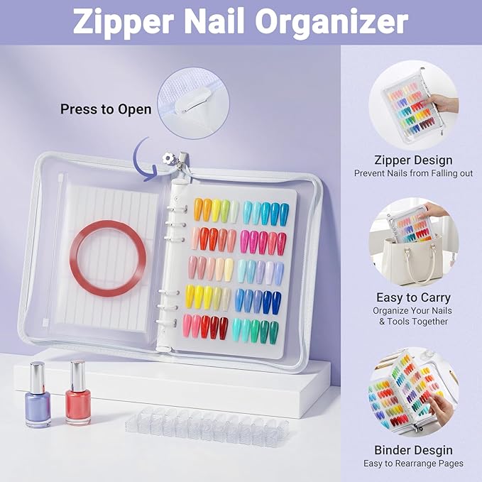 Segbeauty Press On Nails Design Book with A5 Zipper Binder, Sample Nail Polish Holder Organizer Case with 240 Fake Nails, Insert Pages for Accessories, Sample Swatches for Nail Art Salon, White