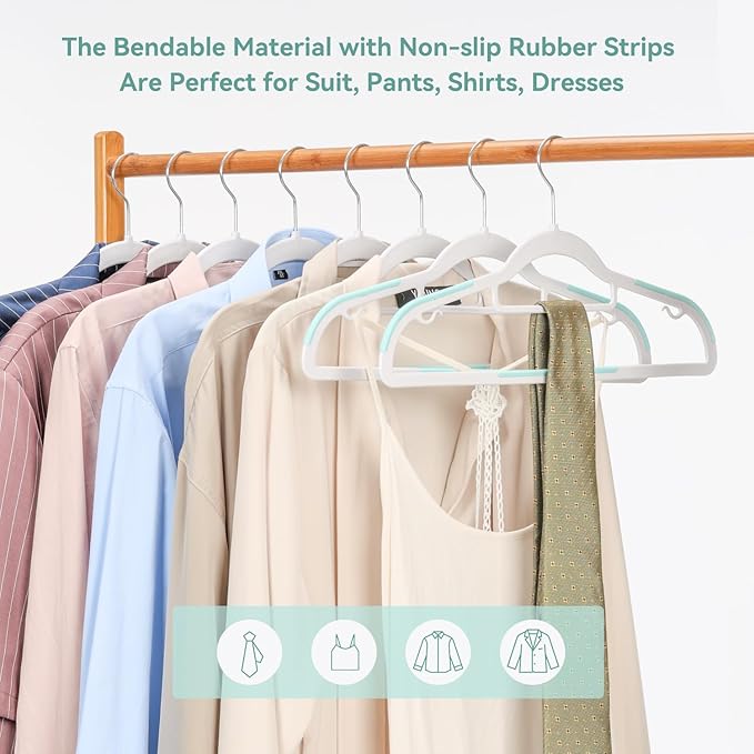 Tonswachic Pack of 50 Coat Hangers, Space-Saving Plastic Clothes Hangers, Non-Slip, 0.2 Inches Slim, 360° Swivel Silver Hook for Shirts, Pants, Suit & Wet/Dry Garments, Blue and White