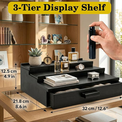 3 Tier Cologne Organizer for Men with Drawer – Solid Wood Perfume Stand Organizer, Wooden Cologne Display Shelf for Dresser, Countertop cologne storage Rack, Mens Cologne Holder, Bathroom Vanity Organizer